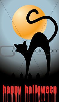 halloween background with full orange moon and black cat