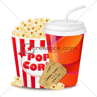 Popcorn In Cardboard Box With Tickets Cinema And Paper Glass