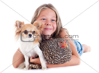 child, dog and chicken