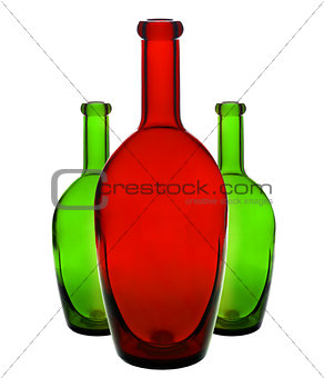 Color glass bottle, red and green on white