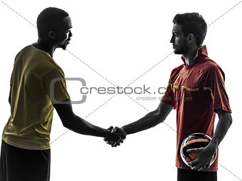 two men soccer player  handshake handshaking silhouette