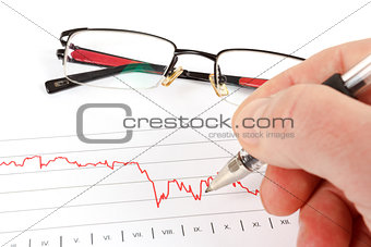men analyzing business graph with glasses in the background