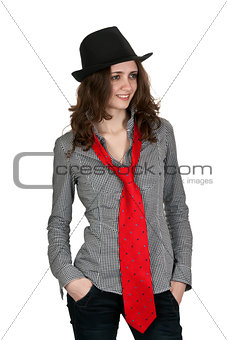 girl in a hat and a red tie
