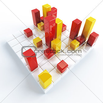 Abstract yellow and red metallic cubes on a white