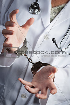 Doctor or Nurse In Handcuffs Wearing Lab Coat and Stethoscope