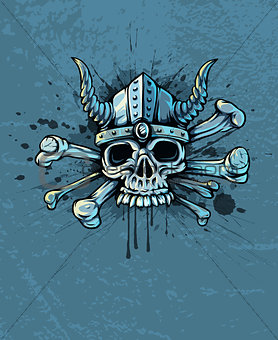 Skull in helmet with horns and bones