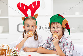 Kids with christmas hats eating gingerbread cookies