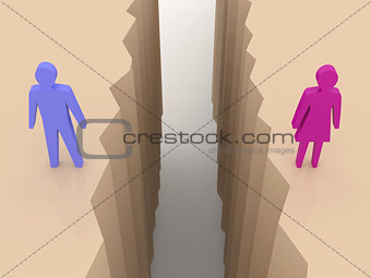 Man and woman split on sides, separation crack.