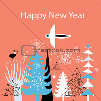 Christmas greeting card with Christmas trees and birds