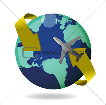 Airplane flying around the globe