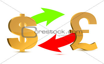 Currency exchange. Dollar and pound sterling isolated on white