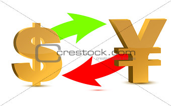 Currency exchange. Dollar and yen isolated on white background.