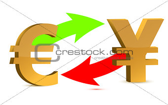 Currency exchange. euro and yen isolated on white background.