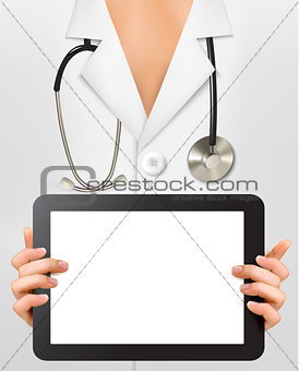 Doctor with stethoscope holding blank digital tablet. Vector illustration