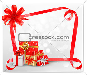Holiday background with red gift bow and gift boxes. Vector. 