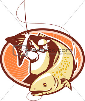 Fly Fisherman Reeling Trout Fish Retro