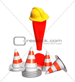 Exclamation mark, road cones and hat