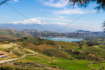 view from Agira of Pozzillo Lake, on background volcano Etna