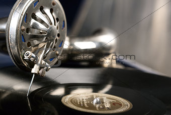 vintage phonograph close up shot with shallow depth of field