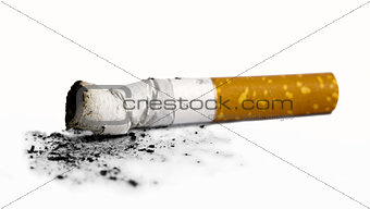 Cigarette butt with ash over white background