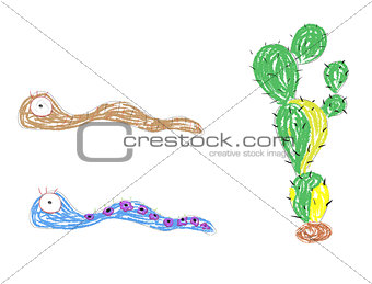 funny worms and cactus vector