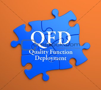 QFD on Blue Puzzle Pieces. Business Concept.