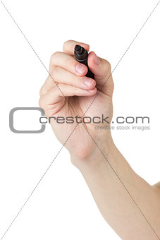 adult man hand write something with marker on transparent