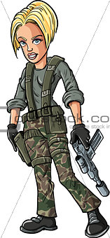 Cartoon blond female soldier with a sub machine gun