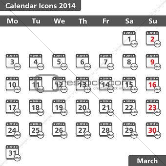 Calendar icons, March 2014