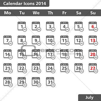 Calendar icons, July 2014