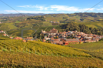 Autumnal view of vineyards and Barolo in Piedmont, Italy.