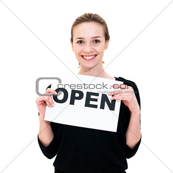 young woman with board OPEN