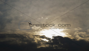 Flying airplane with dramatic sky