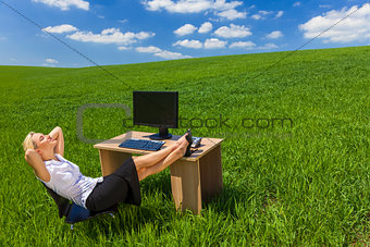 Business Woman Relaxing Office Desk Green Field