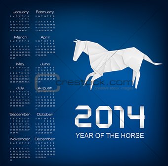 Calendar for the year 2014. Origami horse. Vector. 