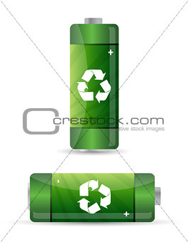 green batteries set with recycling symbol.