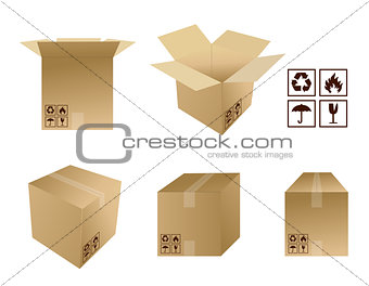 different Cardboard boxes with icons isolated over a white backg