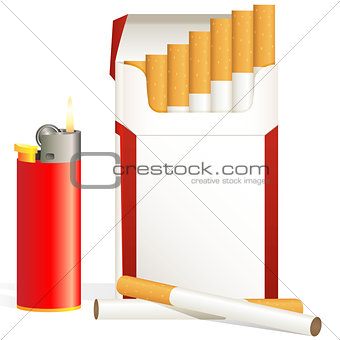 cigarette pack and red cigarette lighter
