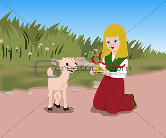 girl and a lamb