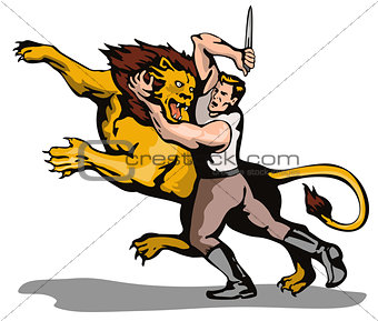 Man Fighting Lion Retro