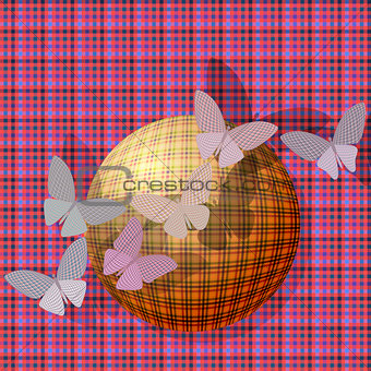 group of butterflies near the ball on the background fabric texture