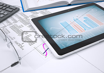 The book, calculator, paper and tablet computer