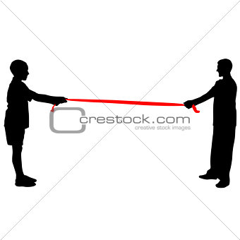 Black silhouettes of people pulling rope. Vector illustration.