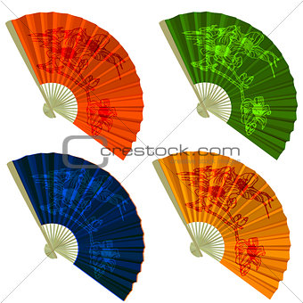 Set traditional Folding Fans with flowers. Vector illustration.