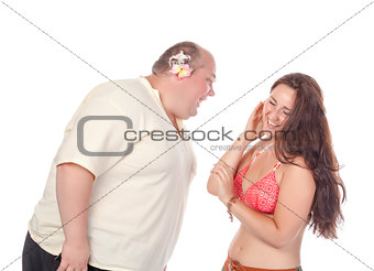 Young cheerful couple in summer clothes, have fun