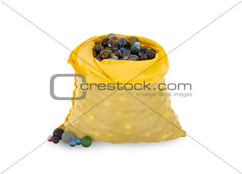 Assorted black glass marbles arranged in a yellow pouch