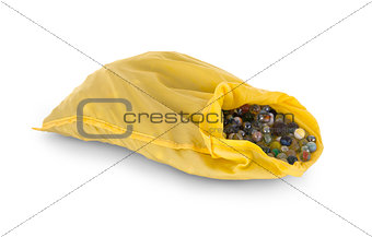 Assorted black glass marbles arranged in a yellow pouch