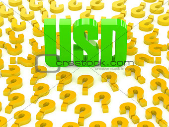 USD sign surrounded by question marks.