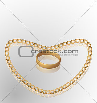 Jewelry ring on golden chain of heart shape
