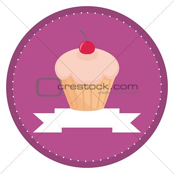 Sweet vector retro cupcake with cherry on top and violet background with white place for your own text